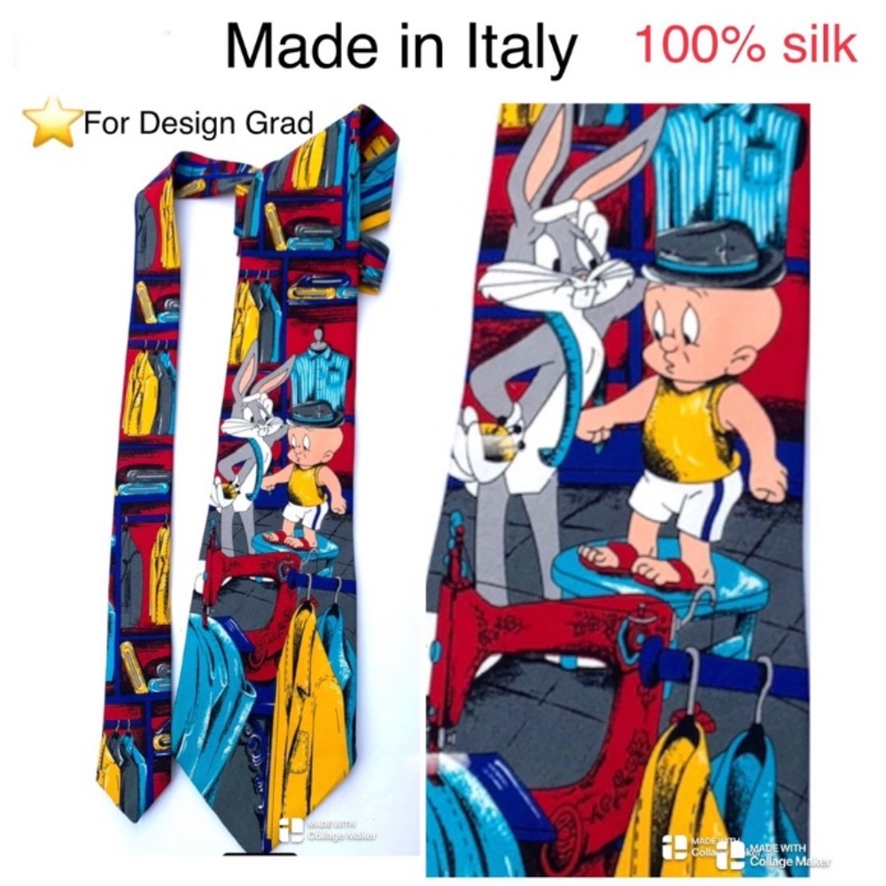 SILK 👋made ITALY DESIGNER RARE Warner Bros Silk Tie , Handmade in Italy